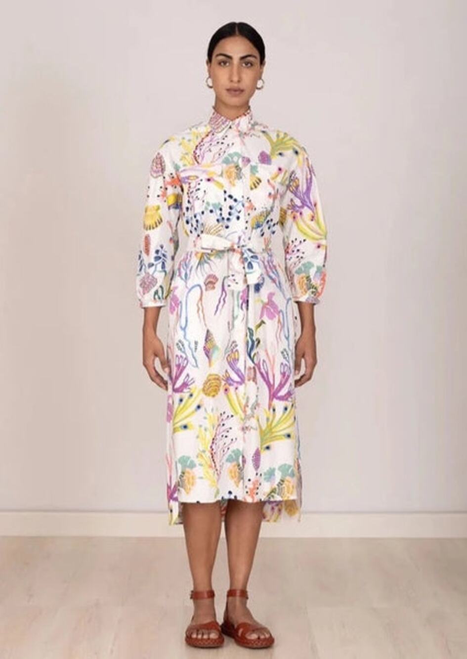 Banjanan Gemma Belted Midi Aline Shirt Dress White Marine Mirage S NWT Coastal